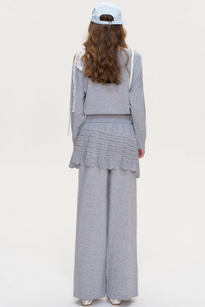 Wool Blend Off-Shoulder Lace Bow Knit Sweater and Pants Set-Up