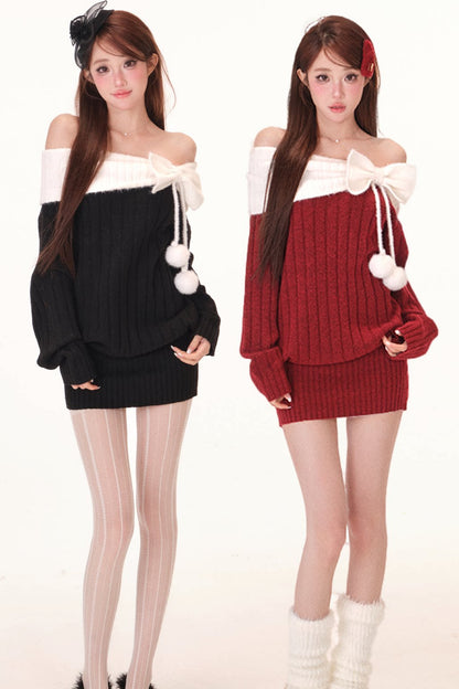 Off-Shoulder Bowknot Pom-Pom Knit Dress