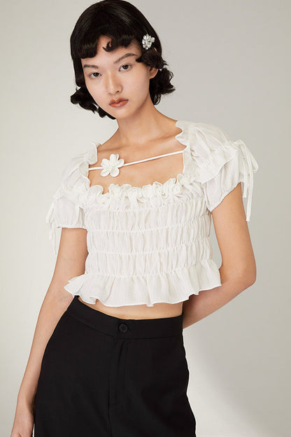 French-Style Black Ruffled Smocked Blouse