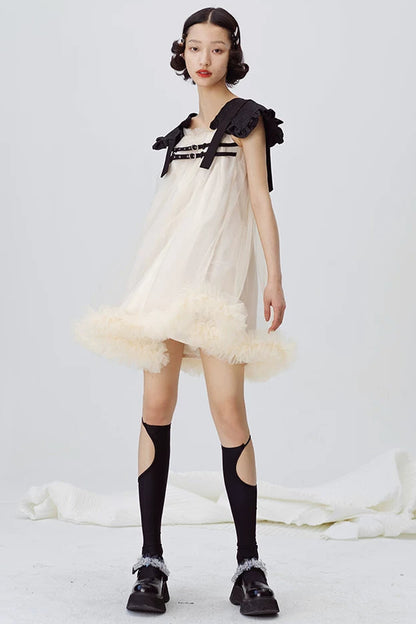 Beige Mesh Shoulder Pad Dress
