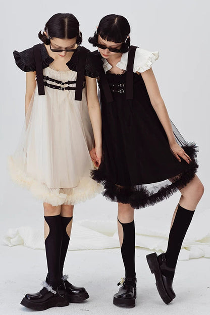 Beige Mesh Shoulder Pad Dress