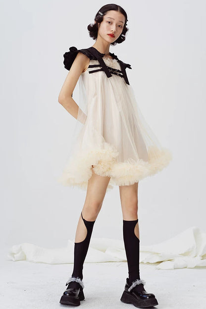 Beige Mesh Shoulder Pad Dress