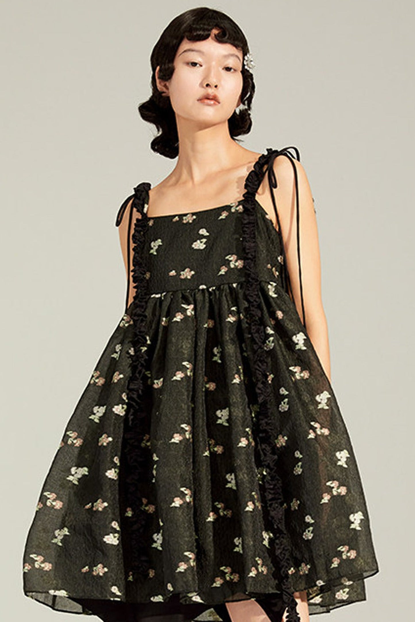 Floral Jacquard Ruffle Strap Dress