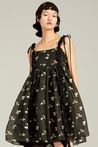 Floral Jacquard Ruffle Strap Dress
