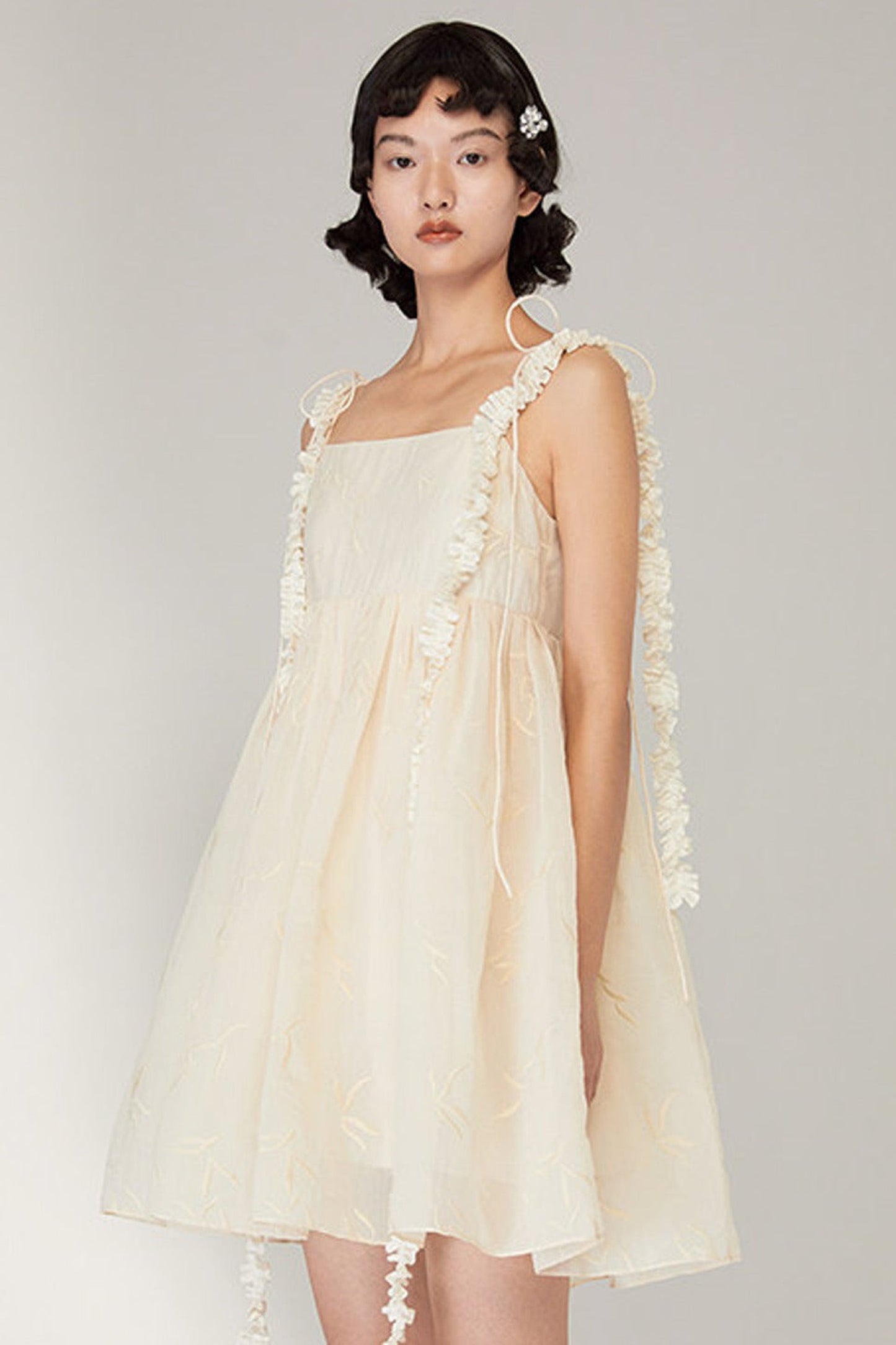 Floral Jacquard Ruffle Strap Dress
