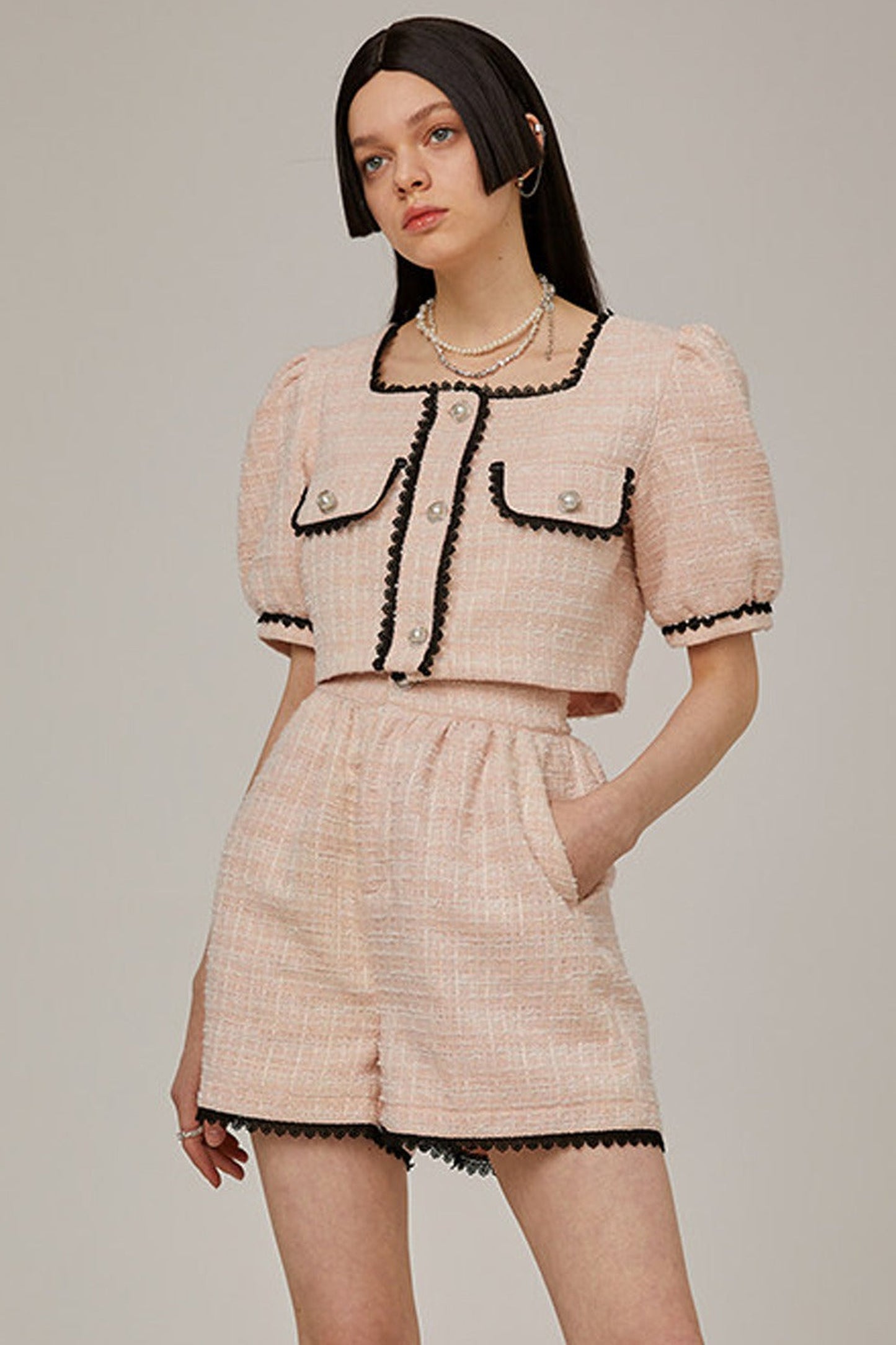 High-Waisted Lace Trim Tweed Shorts