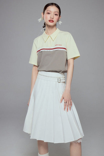 Color Block Lace Trim Cotton Polo