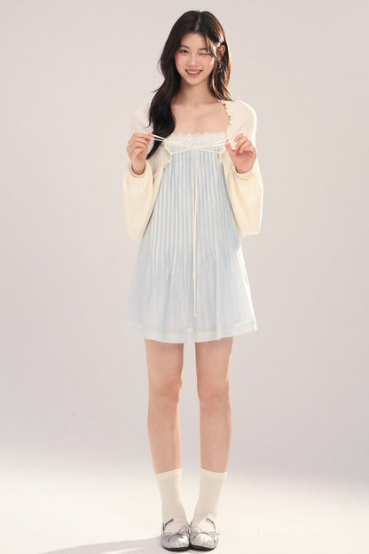 Suspender Dress with Lantern Sleeve Shawl Cardigan Set-Up