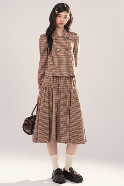 Long-Sleeved Plaid Shirt and Skirt Set-Up