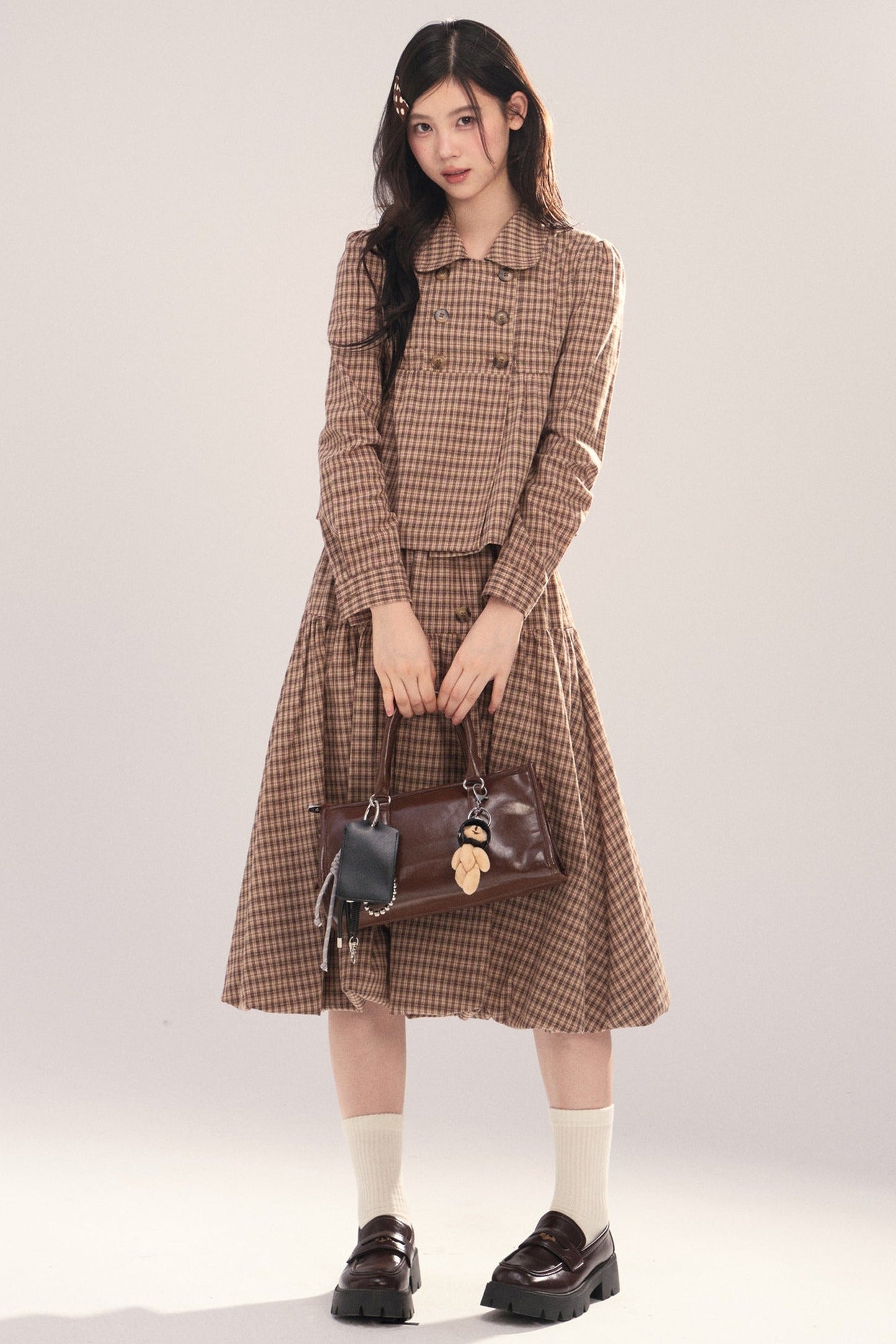 Long-Sleeved Plaid Shirt and Skirt Set-Up