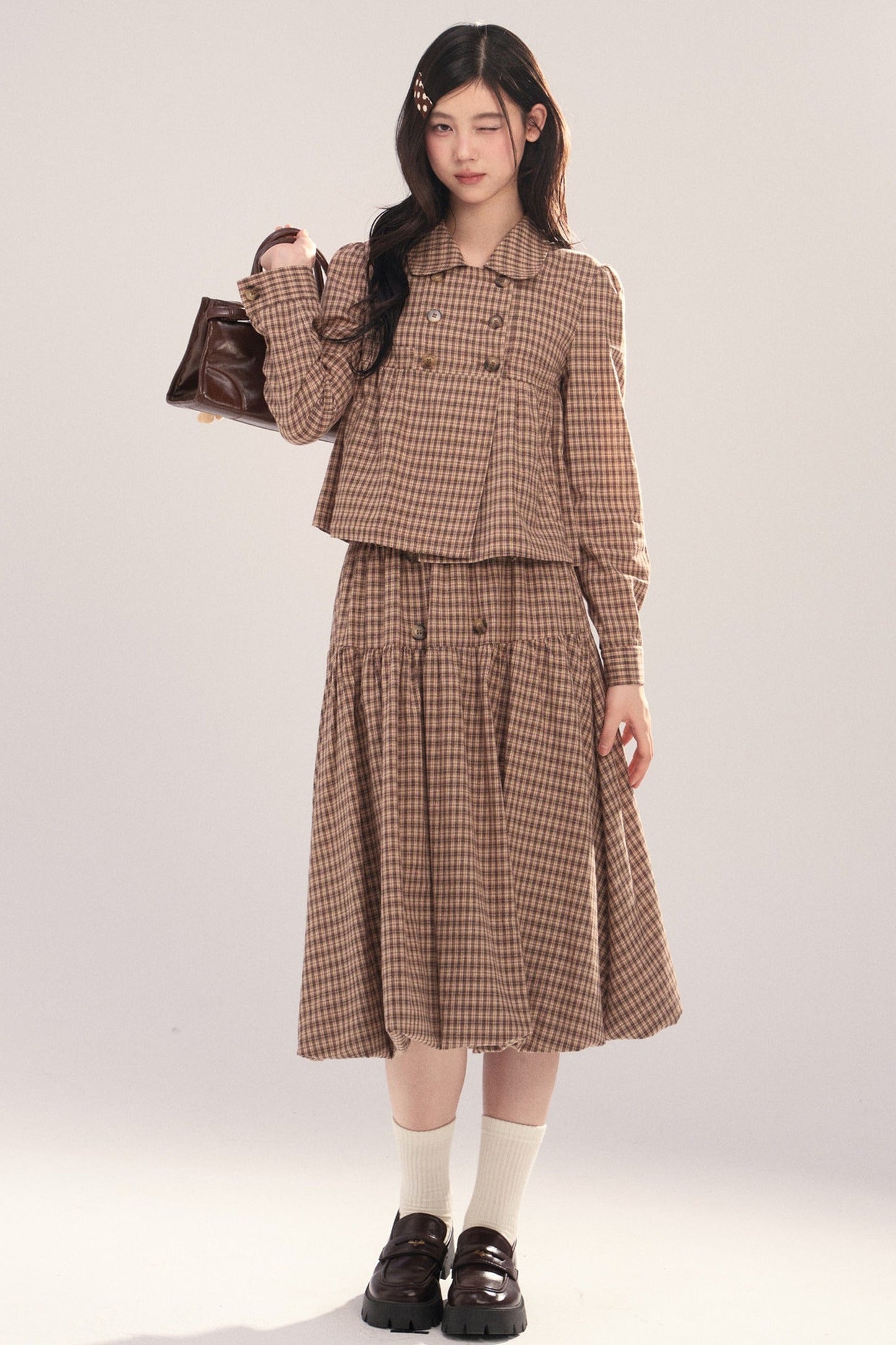 Long-Sleeved Plaid Shirt and Skirt Set-Up