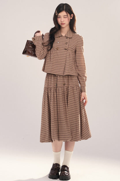 Long-Sleeved Plaid Shirt and Skirt Set-Up