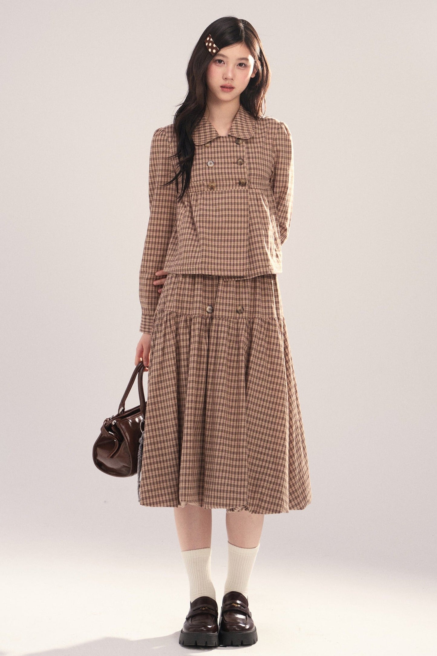 Long-Sleeved Plaid Shirt and Skirt Set-Up