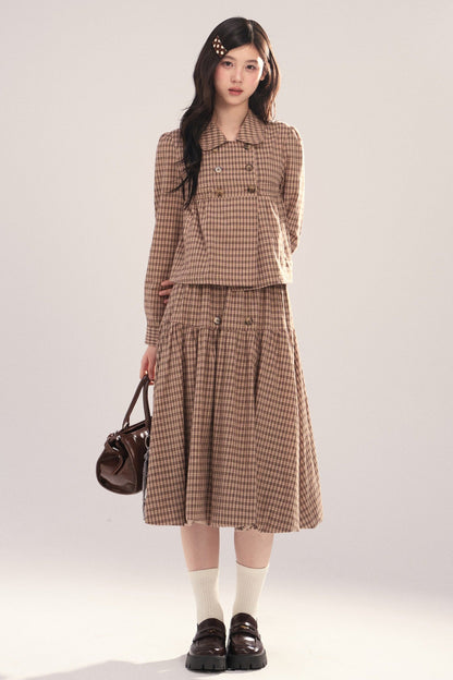Long-Sleeved Plaid Shirt and Skirt Set-Up