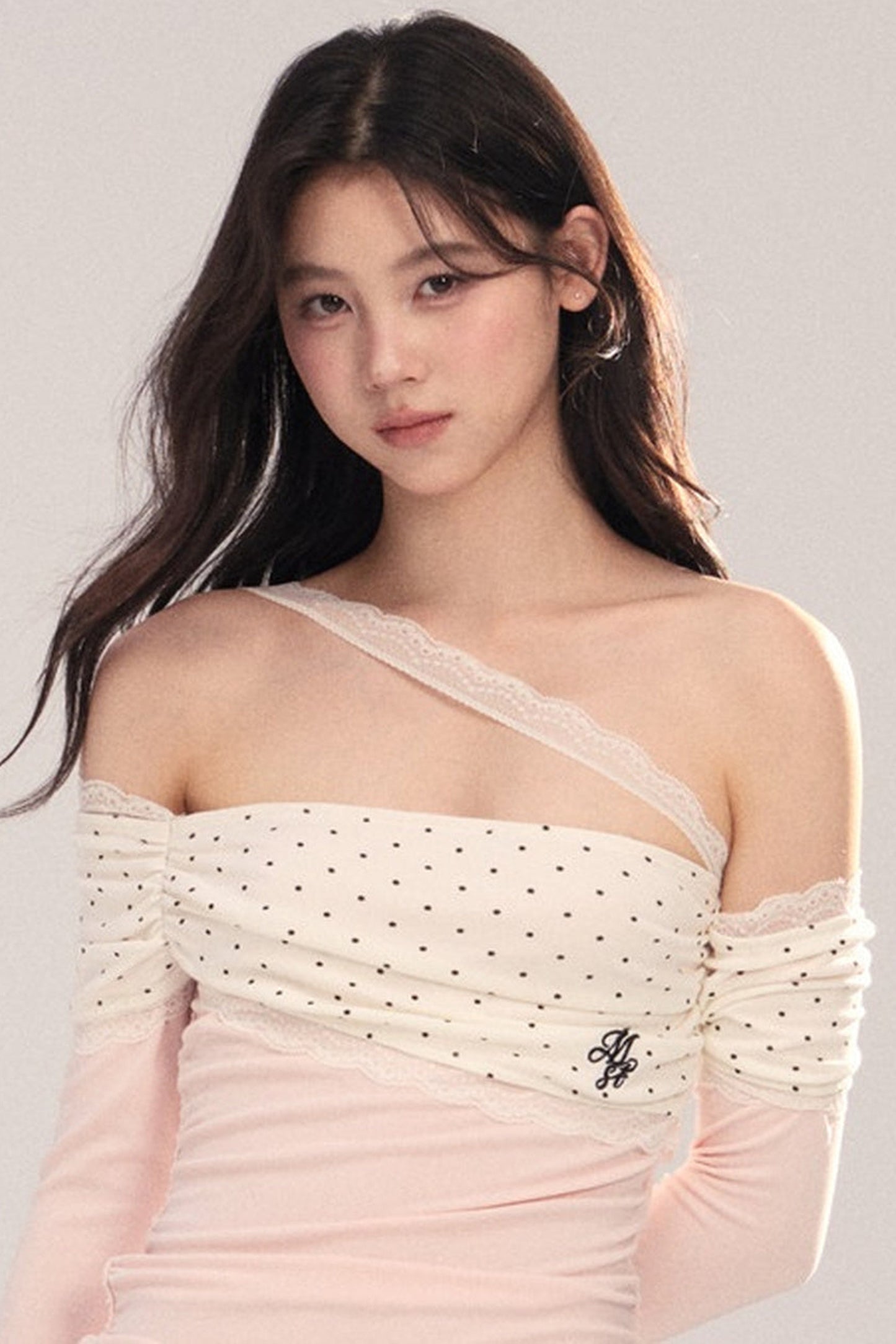 Polka Dot Spliced Lace Off-Shoulder T-Shirt