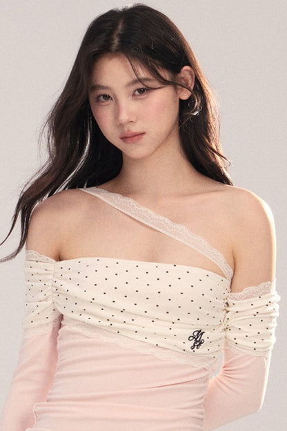 Polka Dot Spliced Lace Off-Shoulder T-Shirt