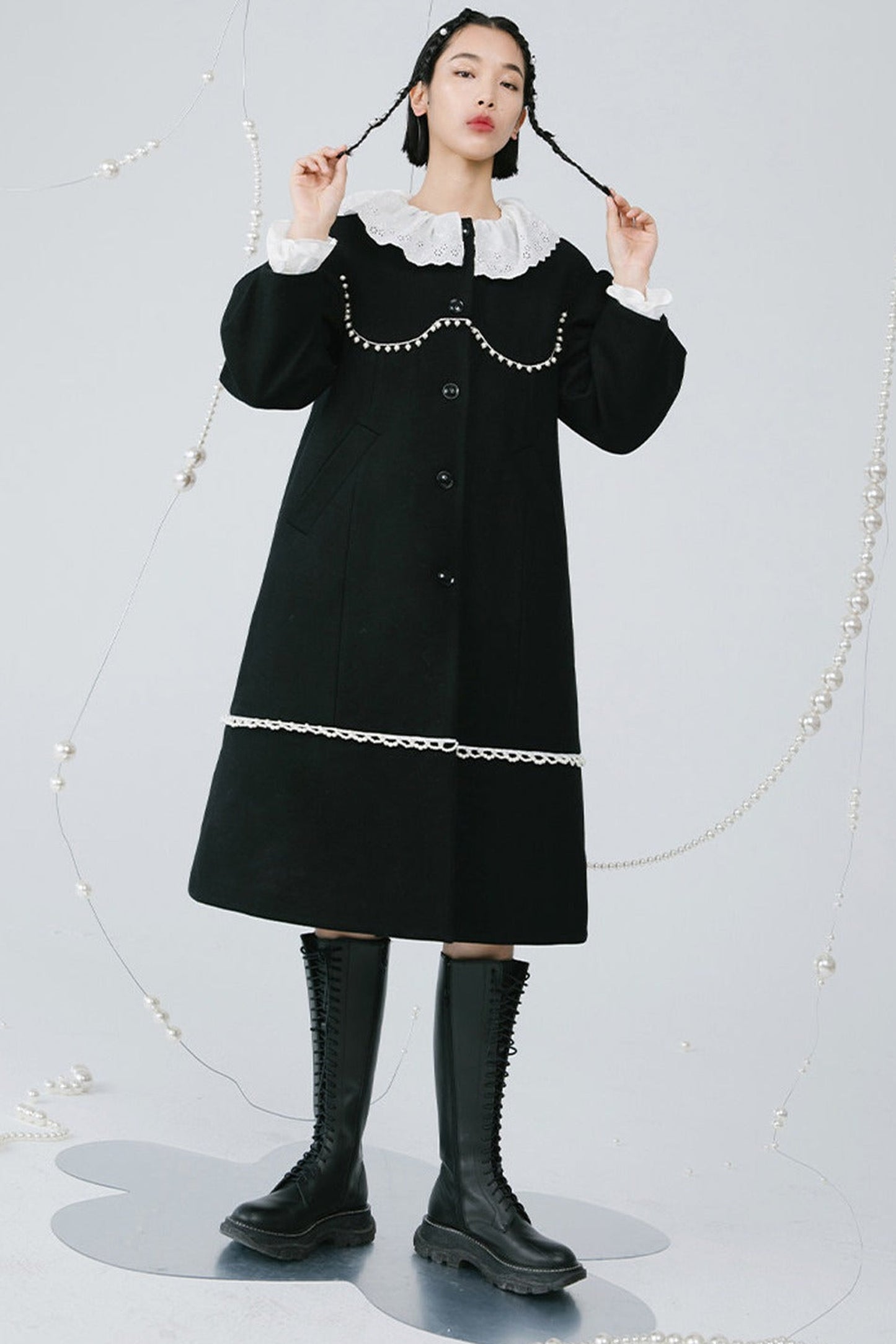Black Pearl Lace Wool Coat