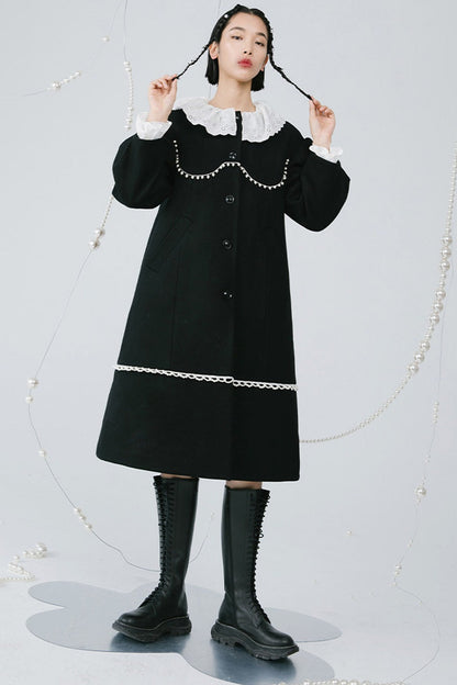 Black Pearl Lace Wool Coat