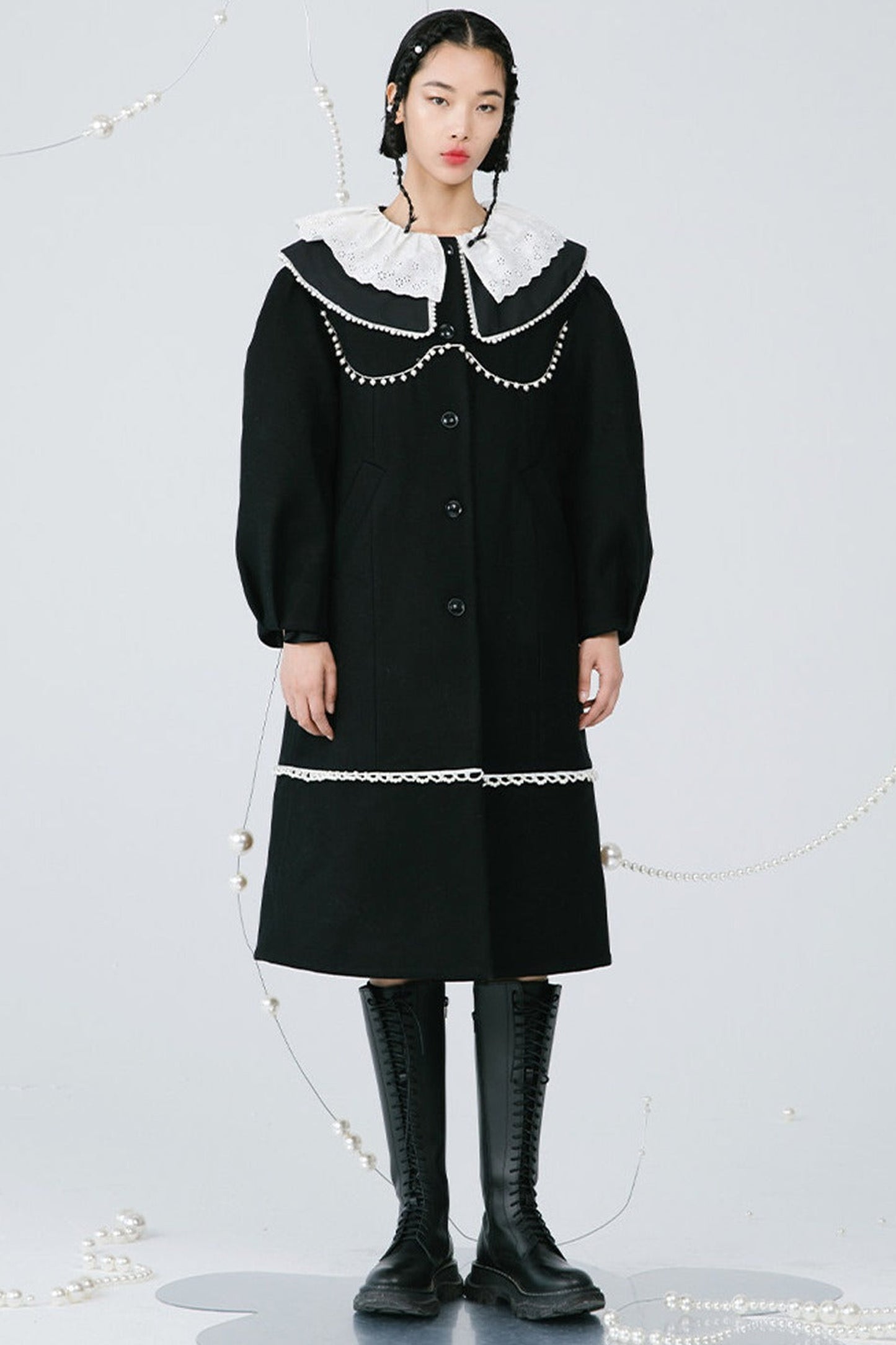 Black Pearl Lace Wool Coat
