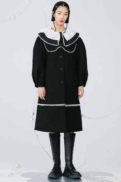 Black Pearl Lace Wool Coat