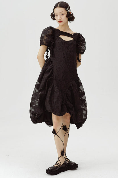 Irregular Floral Puff Dress