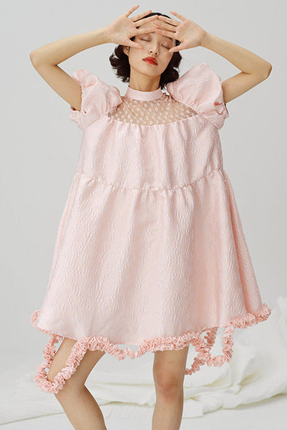 Lace Patchwork Puff Sleeve A-Line Dress