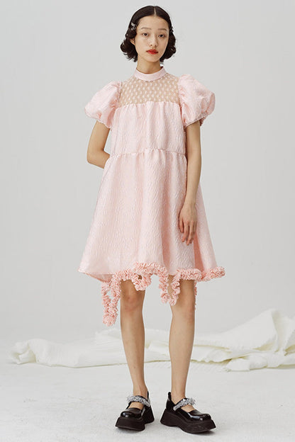 Lace Patchwork Puff Sleeve A-Line Dress