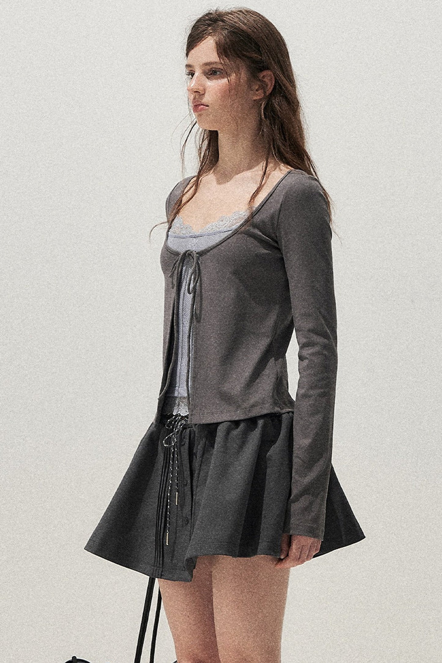 Lace Spliced Tie-Up Long Sleeve Top