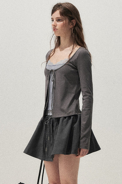 Lace Spliced Tie-Up Long Sleeve Top