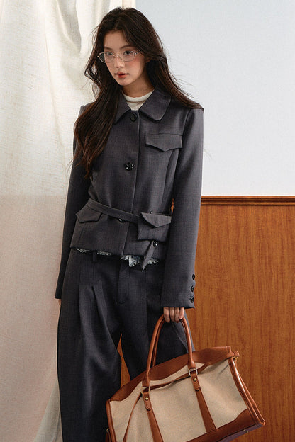 Relaxed Retro Lapel Top and Lace Waistband Pants Set-Up