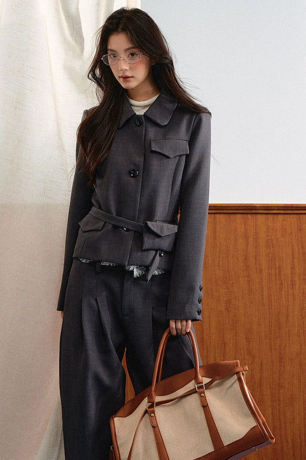 Relaxed Retro Lapel Top and Lace Waistband Pants Set-Up