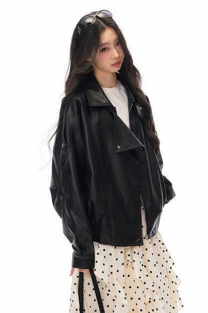 Black PU Lapel Biker Jacket, Polka Skirt and Dress Set-Up