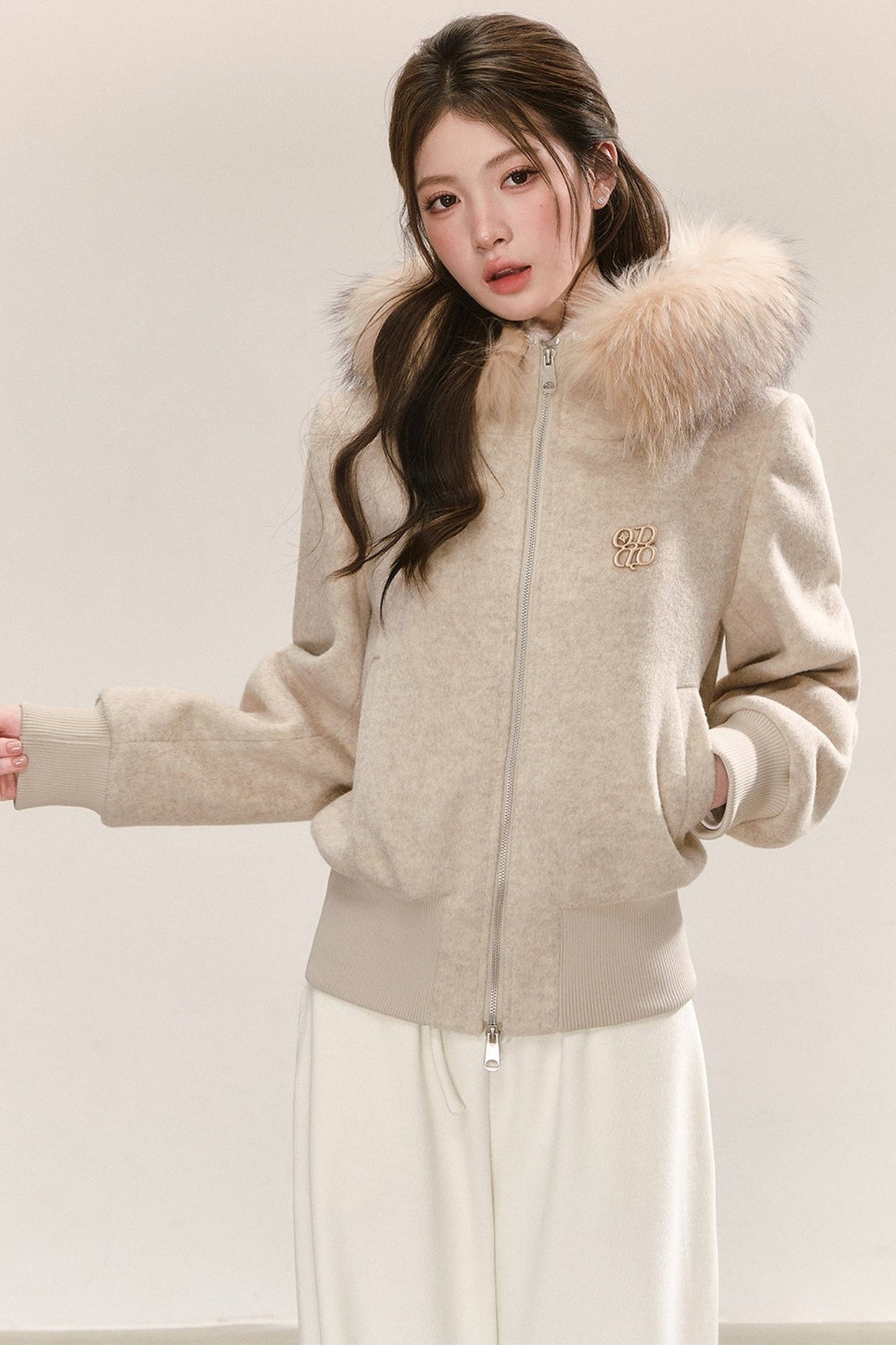 Faux Raccoon Fur Collar Hooded Sweatshirt Jacket