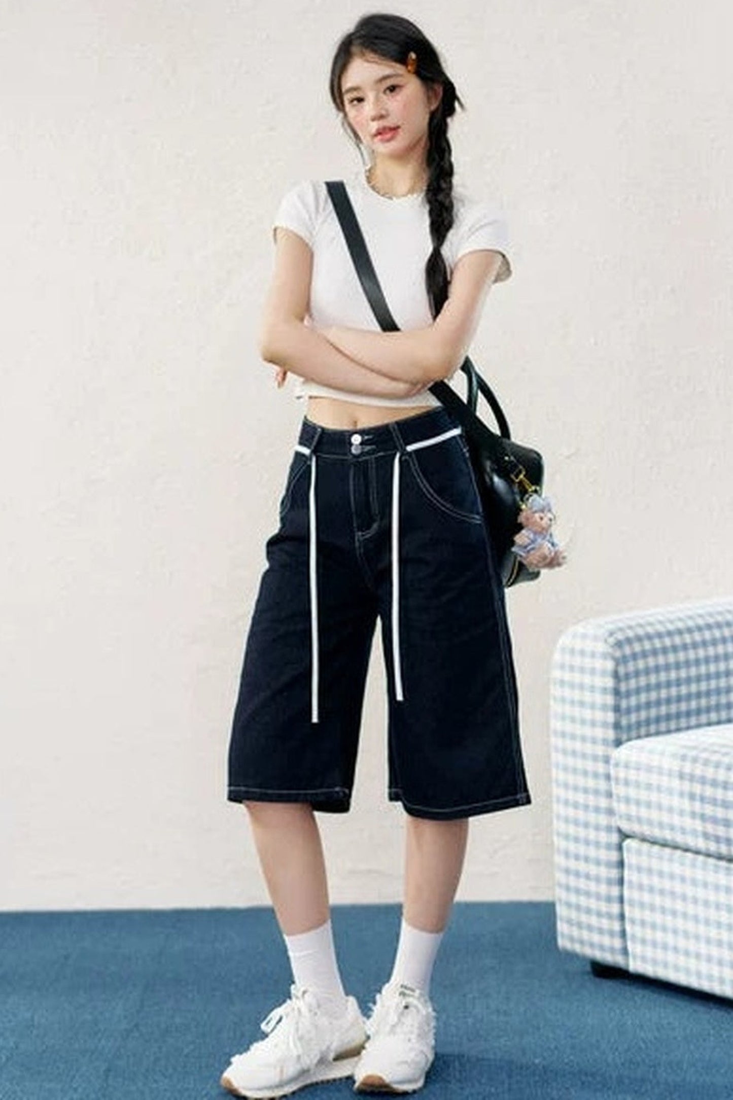 Washed Denim Drawstring Shorts