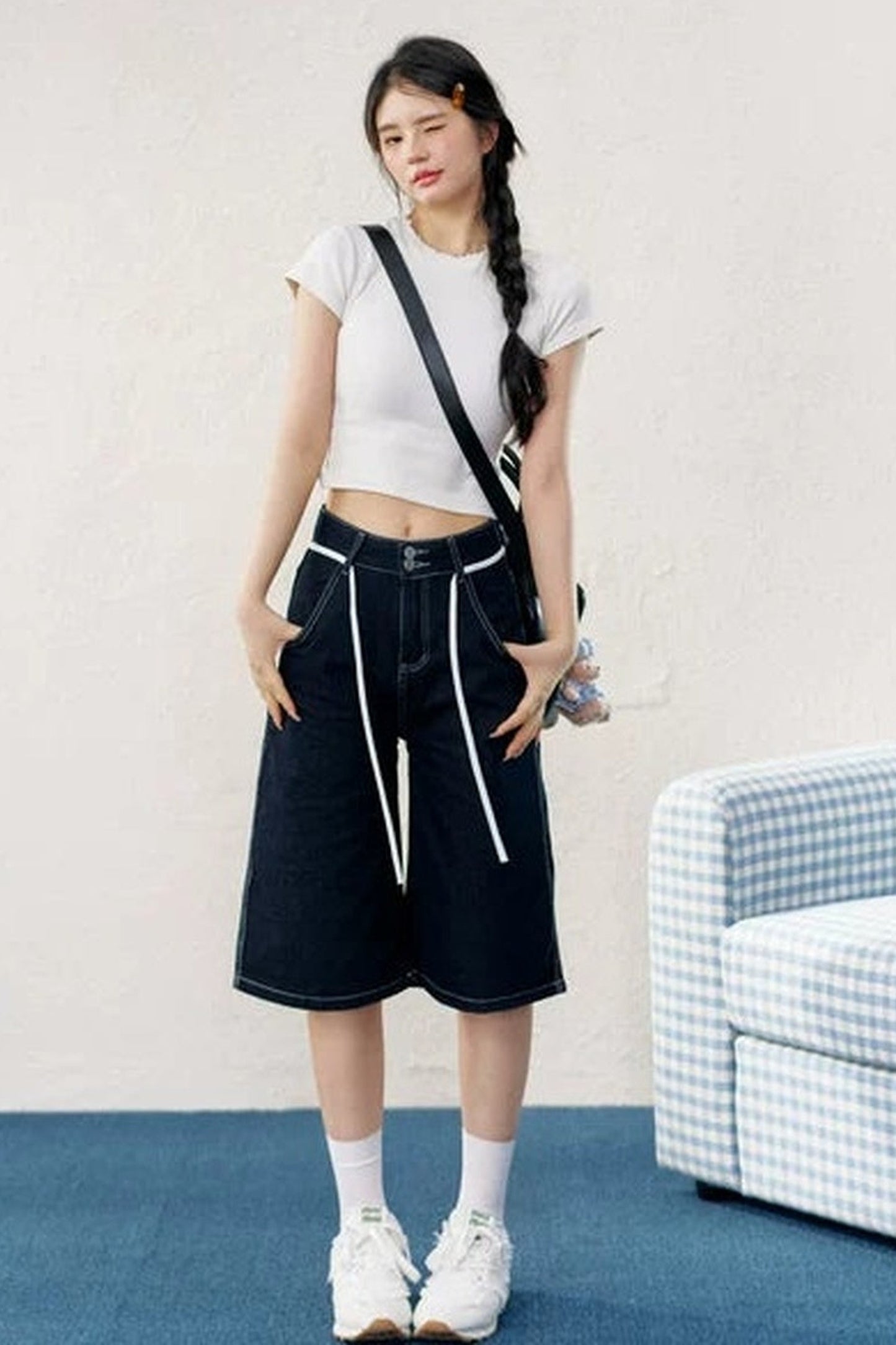 Washed Denim Drawstring Shorts