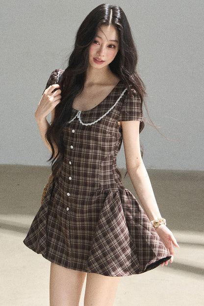 Plaid Doll Collar Puffy Dress