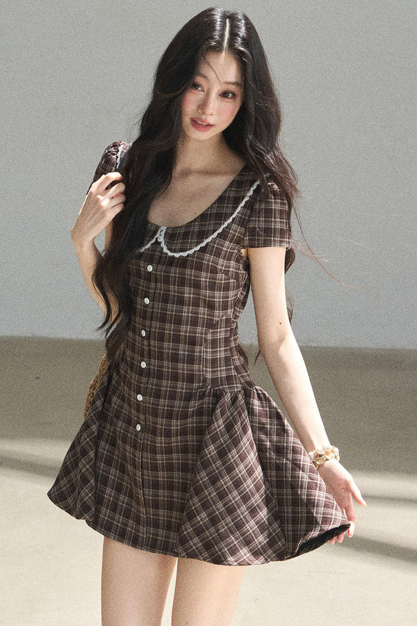 Plaid Doll Collar Puffy Dress