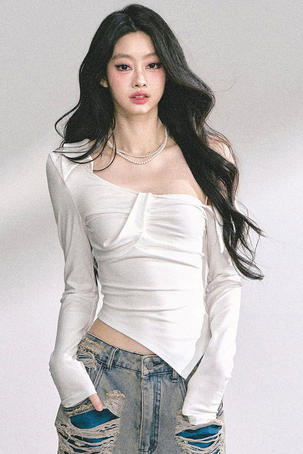 Irregular Off-Shoulder Long-Sleeve T-Shirt