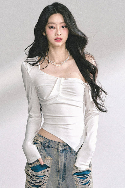 Irregular Long-Sleeved Off-Shoulder Top