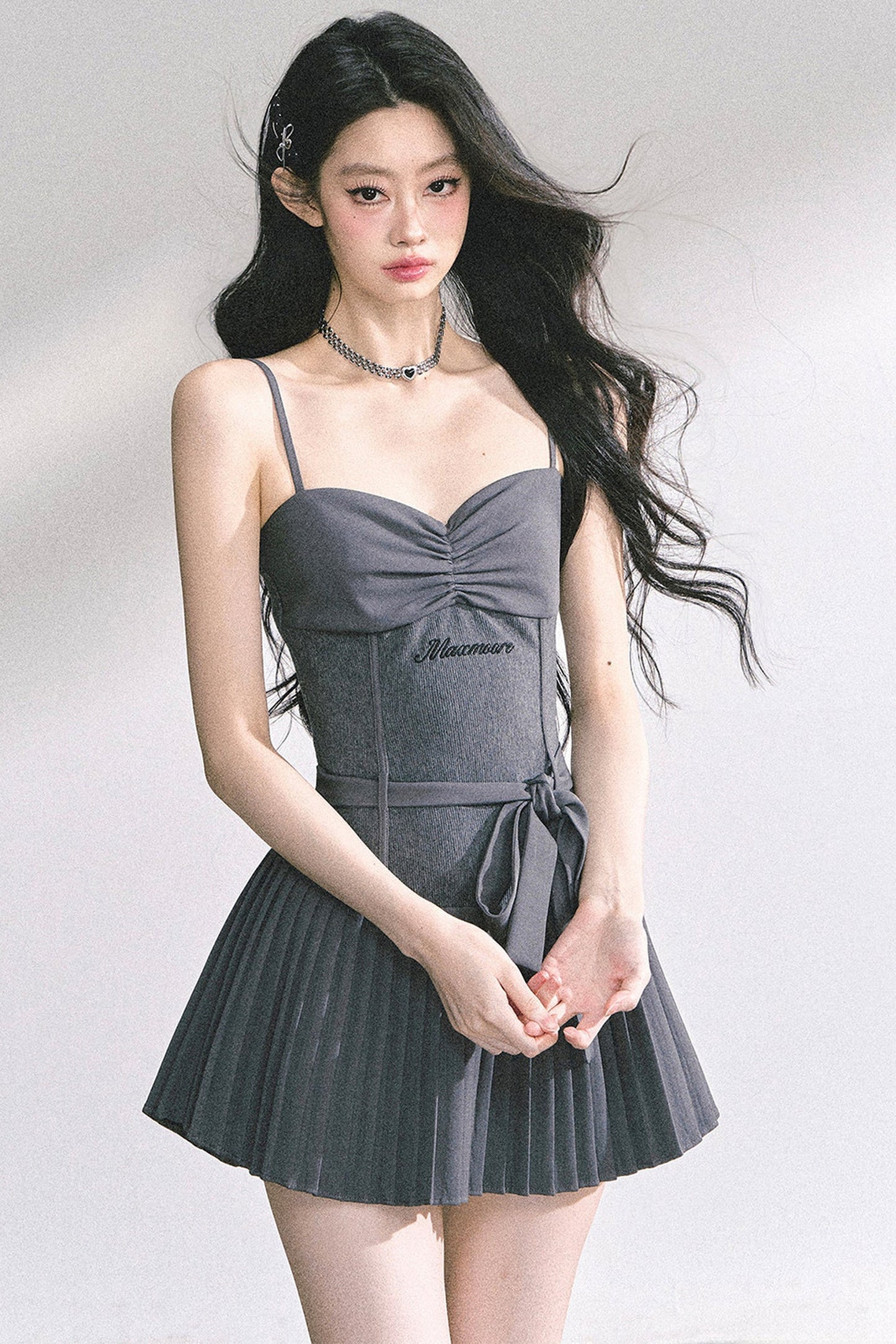 Gray Spaghetti Strap Puffy Dress