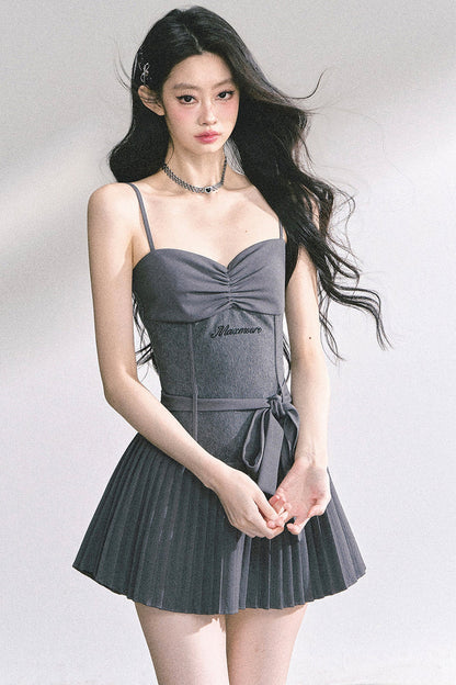 Gray Spaghetti Strap Puffy Dress