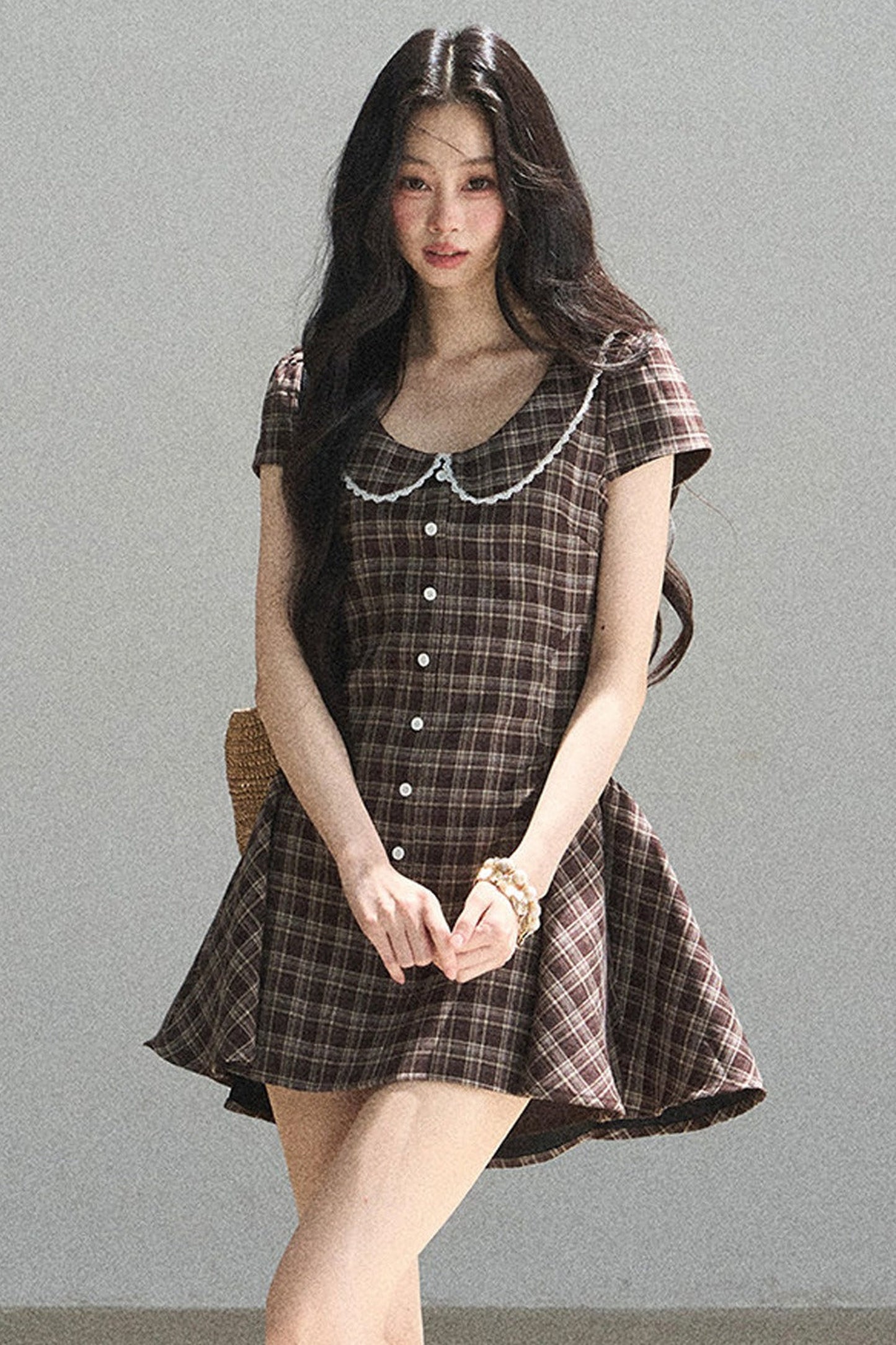 Chestnut Brown Plaid Puffy Dress