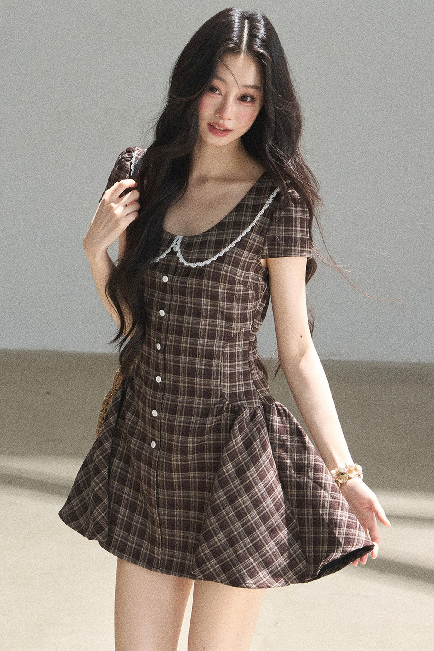 Chestnut Brown Plaid Puffy Dress