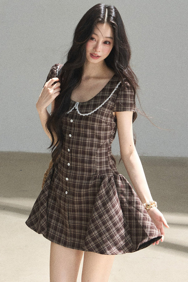 Chestnut Brown Plaid Puffy Dress