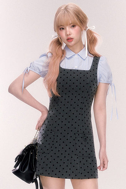 Blue Short-Sleeved Bow Puff Sleeve Shirt