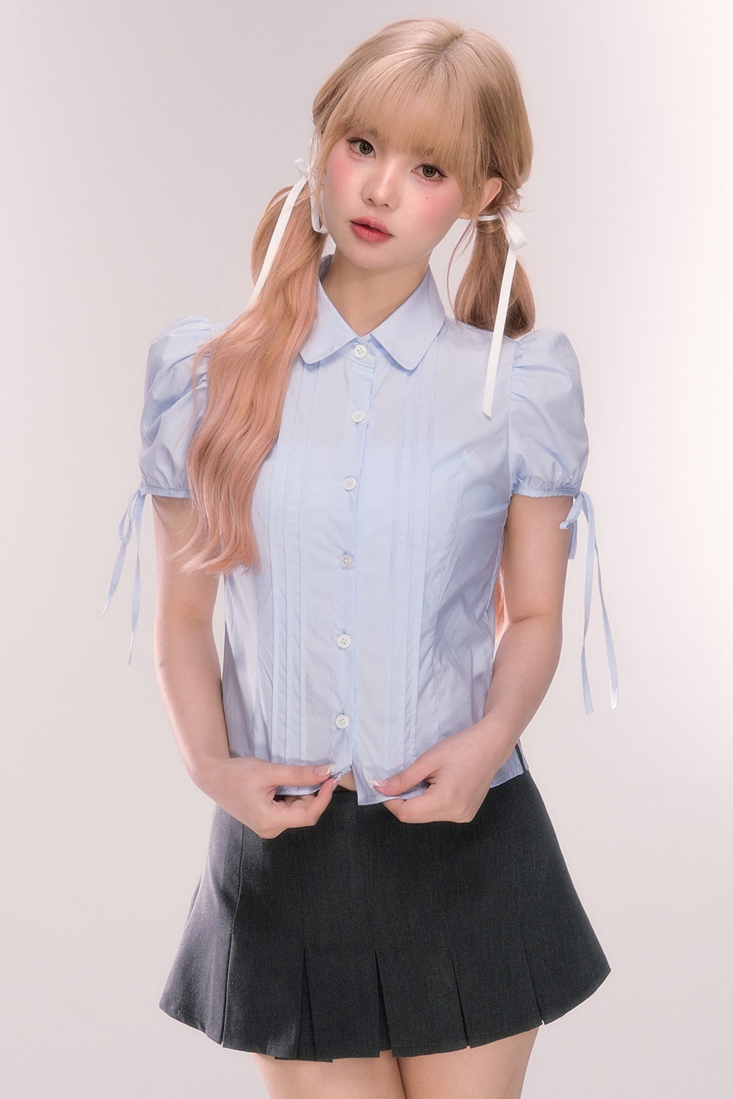 Blue Short-Sleeved Bow Puff Sleeve Shirt