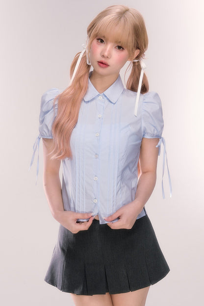 Blue Short-Sleeved Bow Puff Sleeve Shirt