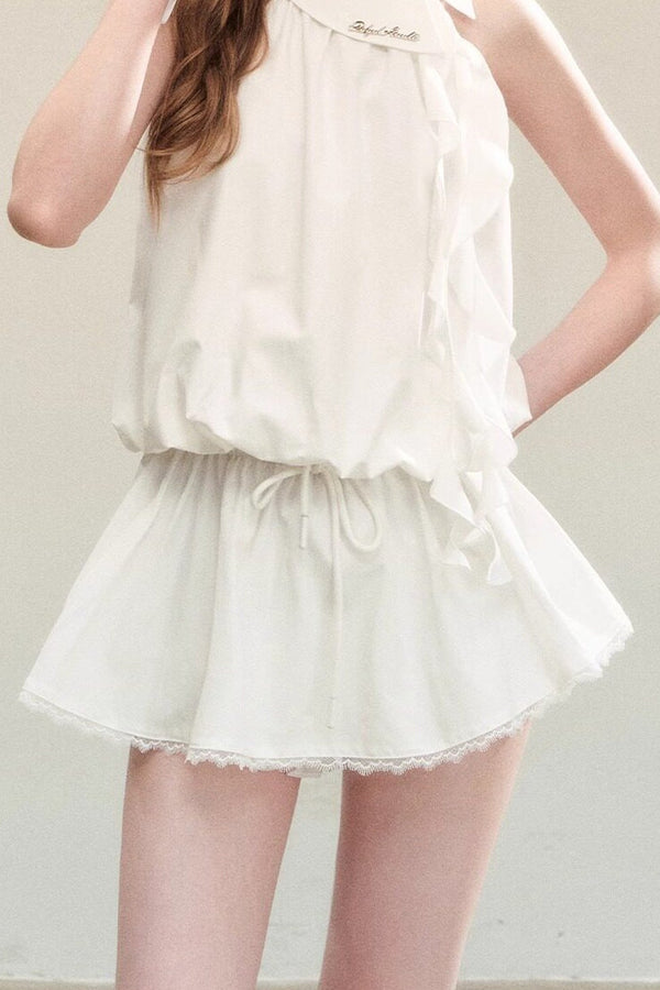 White Sleeveless Halter Top and Short Skirt Set-Up