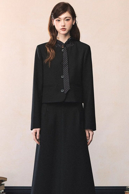 Black Polka Dot Tie Blazer And Skirt Set-Up