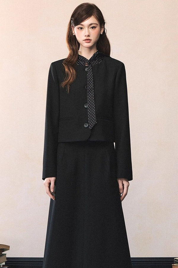 Black Polka Dot Tie Blazer And Skirt Set-Up